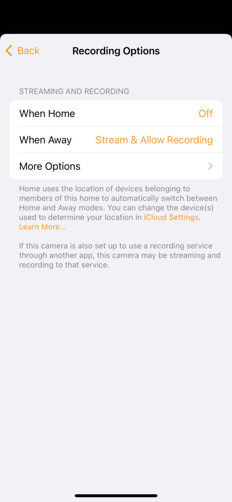 Recording options available with the Eufy cameras in Homekit